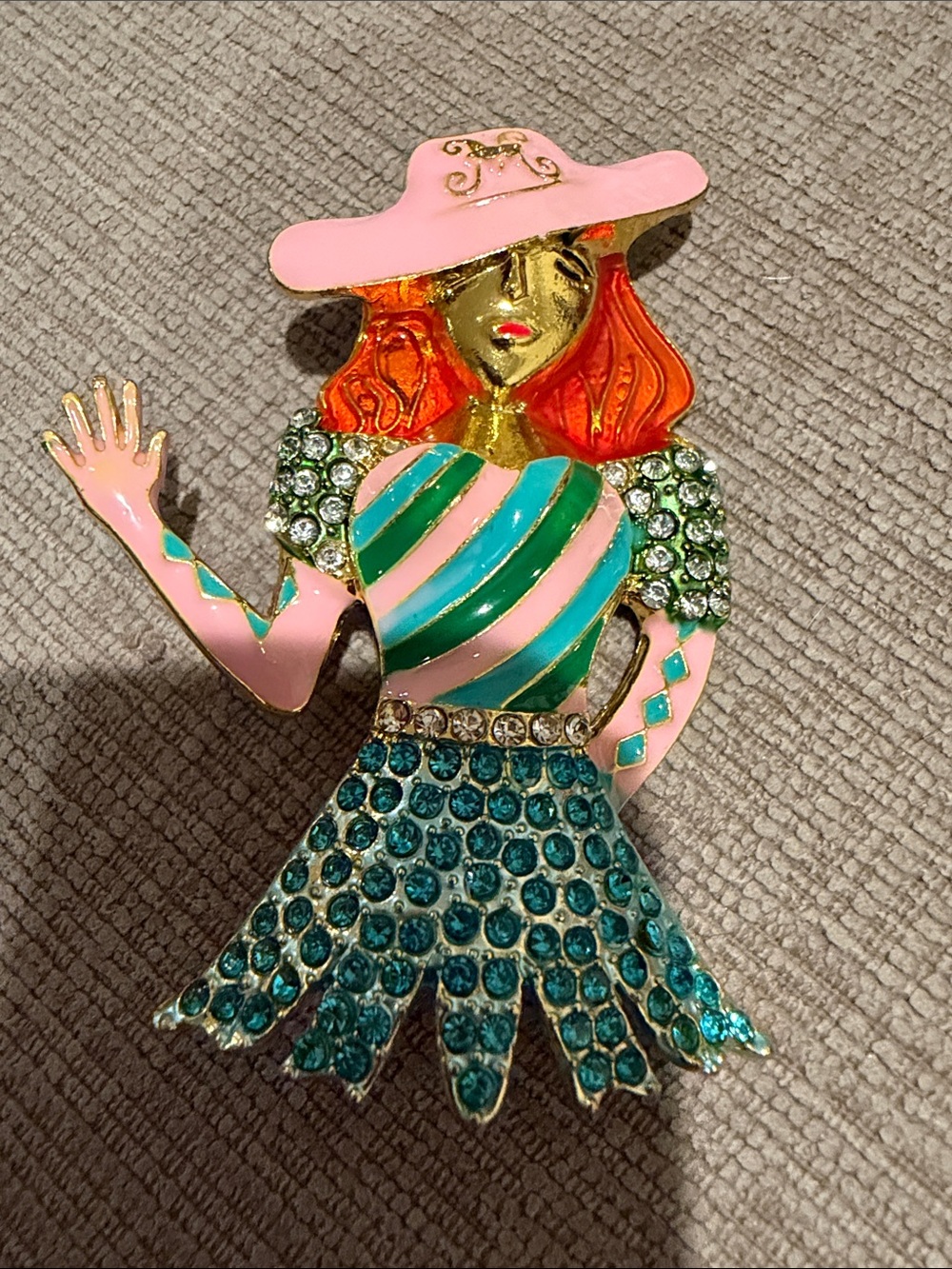 Pink & Teal Woman Figurine Brooch with Crystals